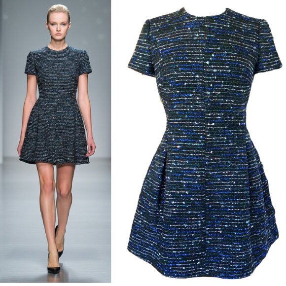 Christian DIOR Tweed & Flare Mini Dress Size 6 Black Blue Sparkle Cocktail Party - Picture 1 of 16